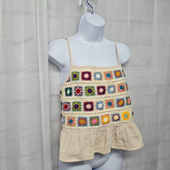 Tan Granny Square Crochet Tank Y2K Boho Hippie Granola Festival S - Picture 3 of 11